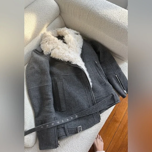 IRO Charcoal Jacket with Cream Faux Fur Collar NWOT - Picture 6 of 8